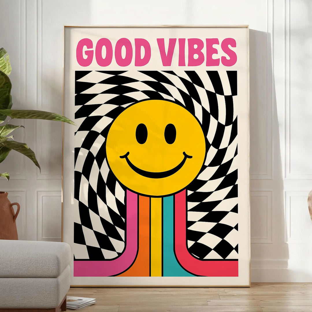 白とオレンジのタイポグラフィで書かれた「Good Vibes」のミニマリストポスター