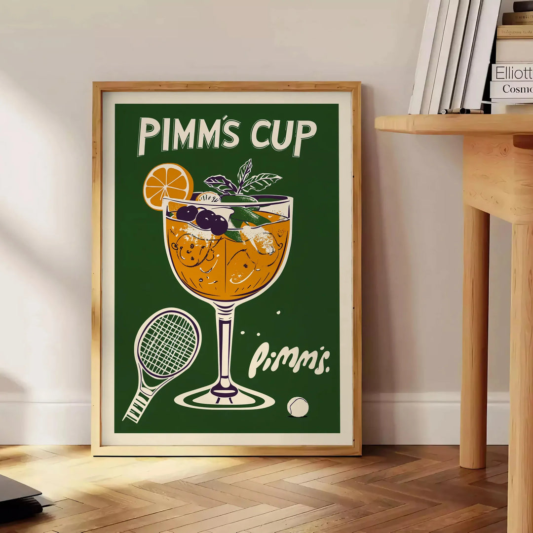 Illustration of a Pimm's Cup cocktail with Wimbledon elements, featuring orange and green hues