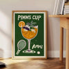 Illustration of a Pimm's Cup cocktail with Wimbledon elements, featuring orange and green hues