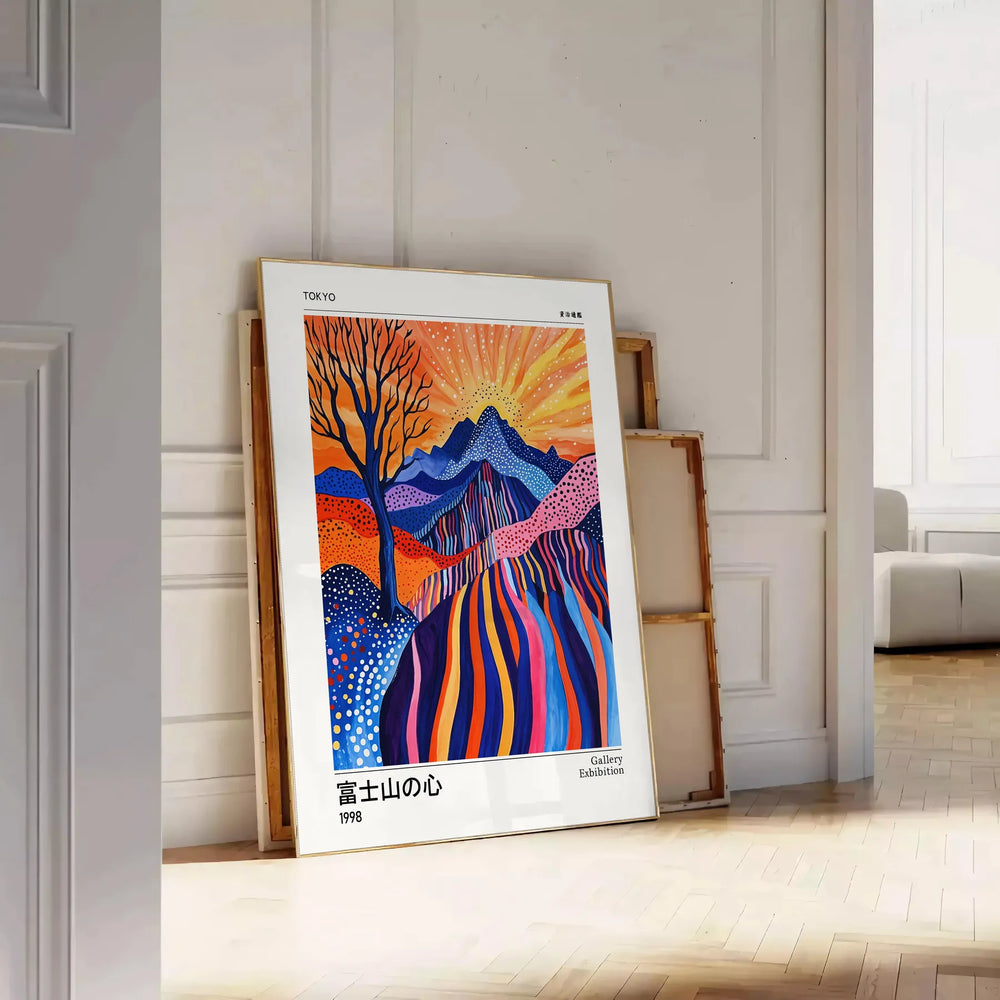 Abstract depiction of Mount Fuji with polka dots in blue and white
