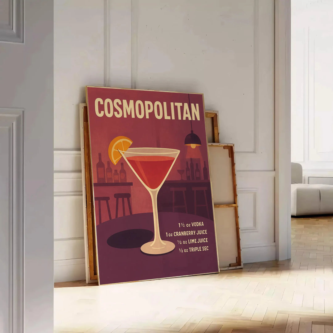 Stylized Cosmopolitan cocktail glass with orange and brown hues