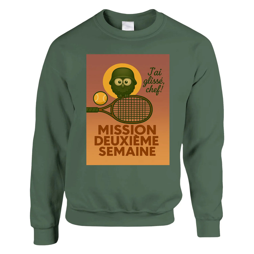 Unisex sweater featuring a typographic design inspired by Mission 2ème Semaine Tennis