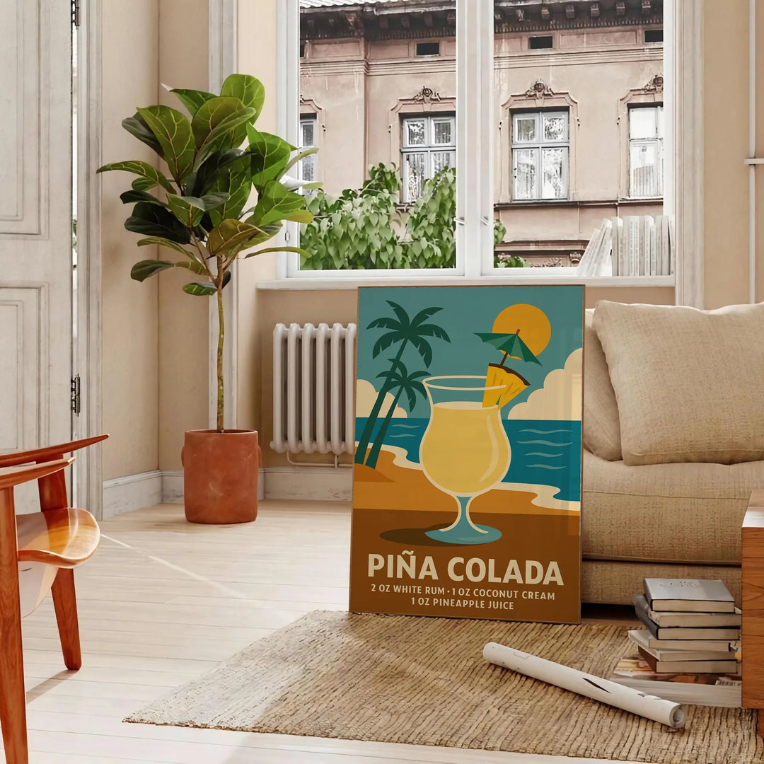 Pina Colada cocktail poster with gray and orange minimalist tropical illustration