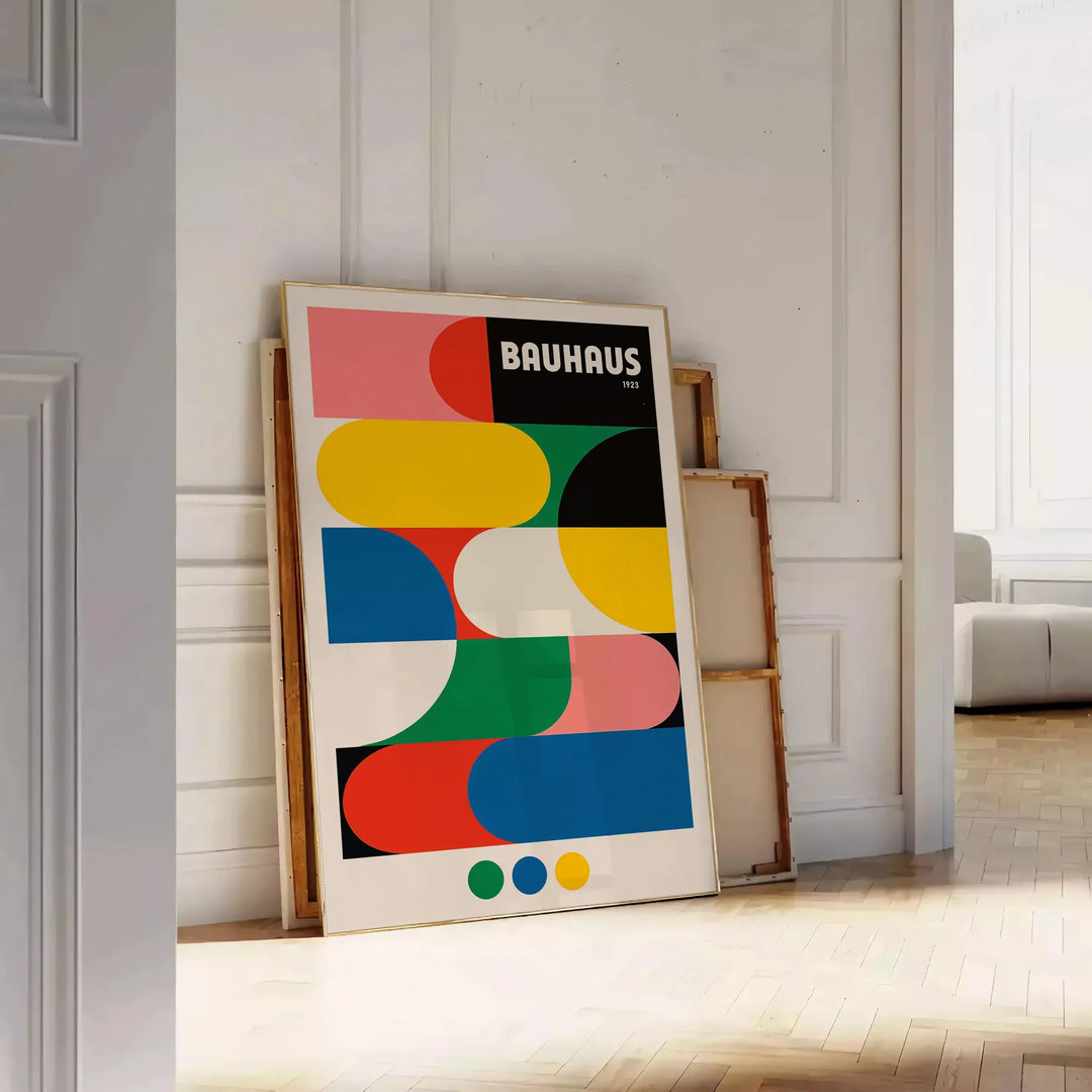 Affiche authenticité style Bauhaus 1923 formes colorées emblématiques vert gris dimensions 30x40 cadre unique intemporelle