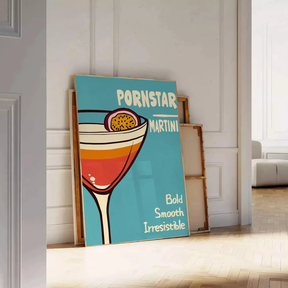 Pop-art style illustration of a Pornstar Martini cocktail in blue and red