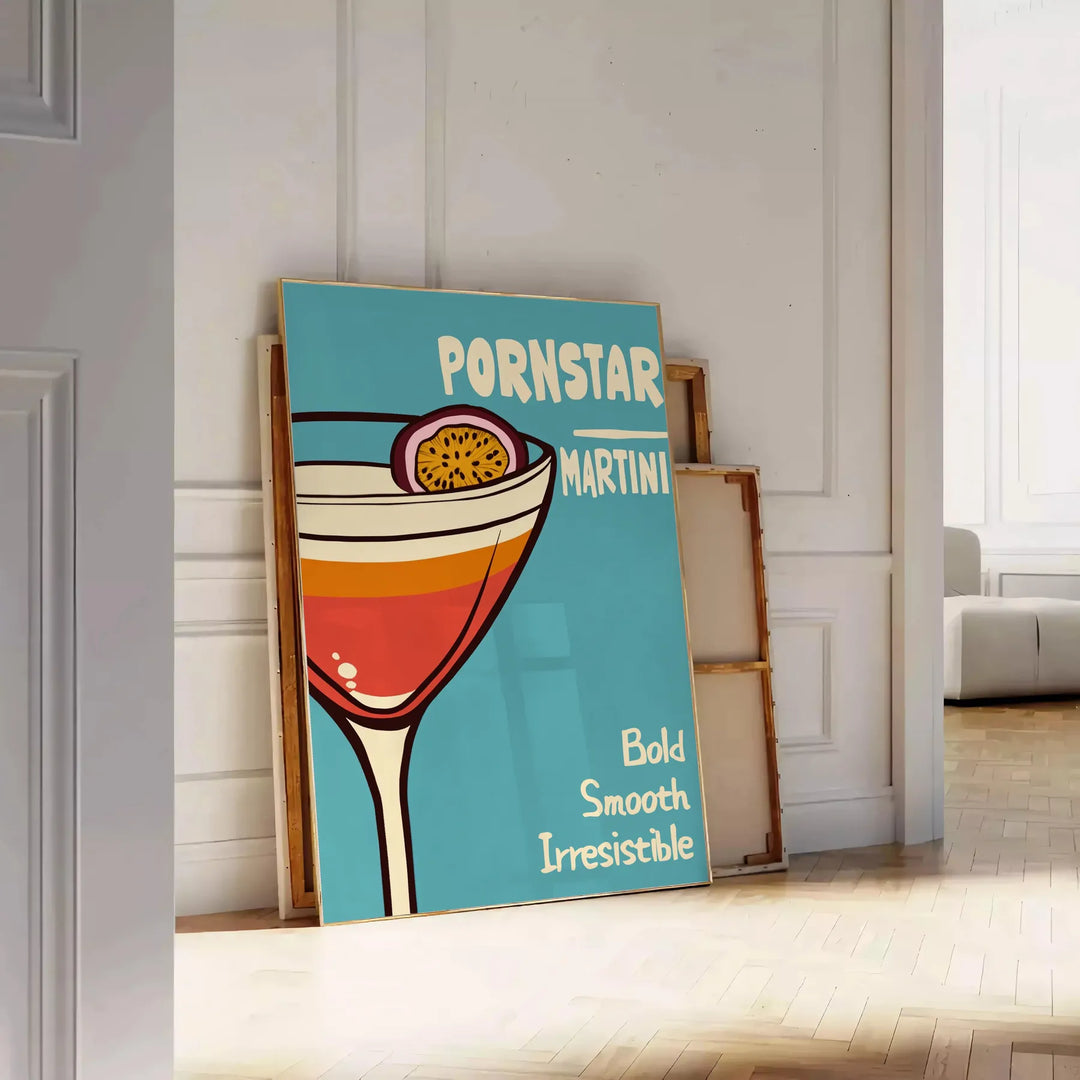 Pop-art style illustration of a Pornstar Martini cocktail in blue and red