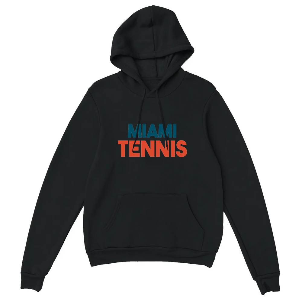 Hoodie featuring a graphic of Miami tennis courts with palm trees
