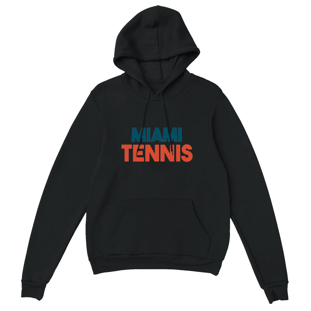Hoodie featuring a graphic of Miami tennis courts with palm trees