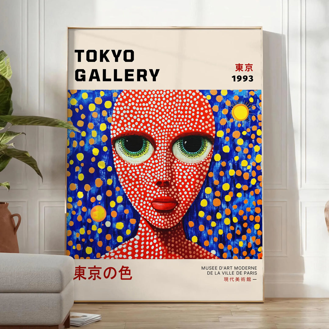Stylized woman with polka dots in red and blue by Yayoi Kusama