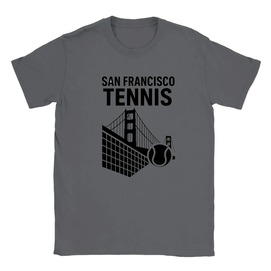 T-shirt featuring a graphic of San Francisco's iconic skyline with tennis elements