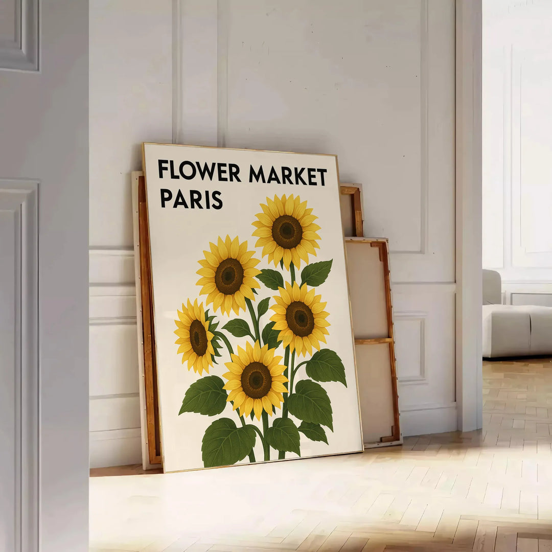 Vintage botanical Paris flower market poster in green and yellow tones