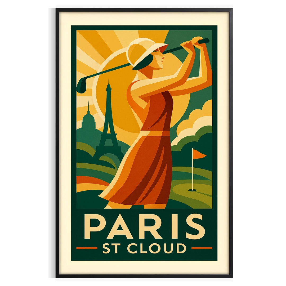 Illustration of a golf course in St. Cloud, Paris with green and red tones
