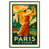 Ilustração de um campo de golfe em St. Cloud, Paris, com tons verdes e vermelhos