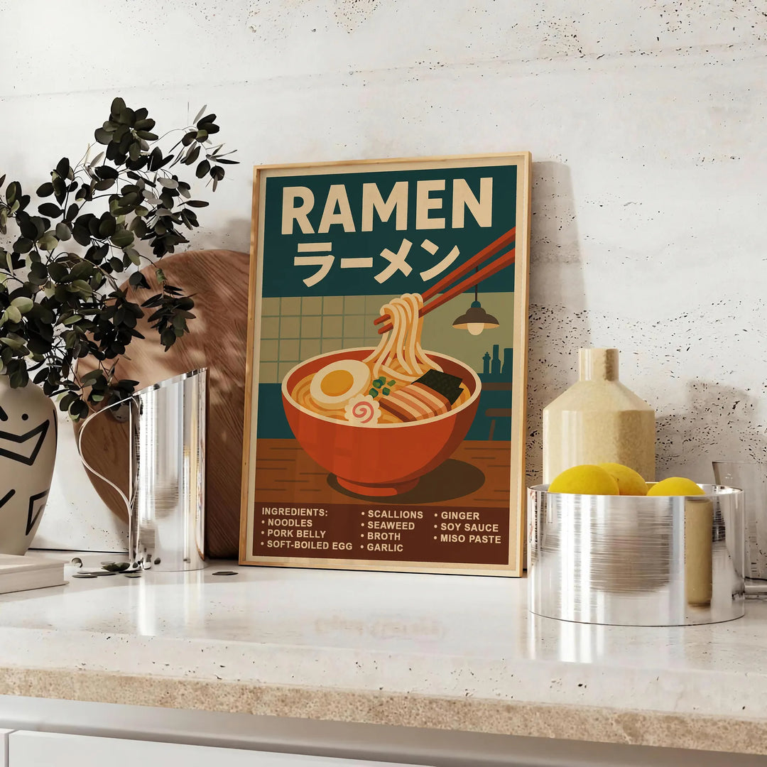 Illustrated Japanese ramen kitchen poster in earthy green and brown tones