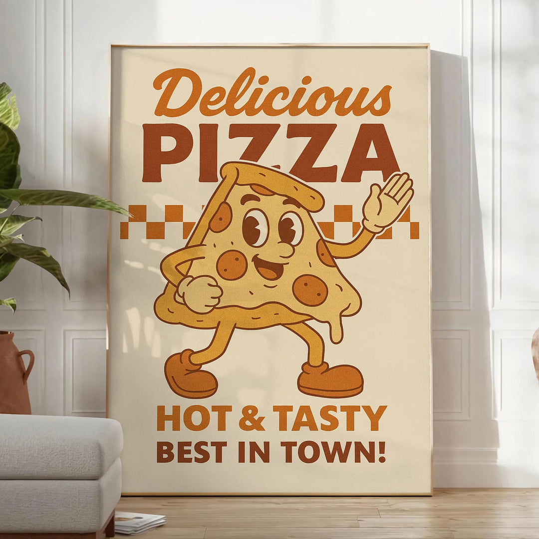 Green and gray retro pizza kitchen poster with illustrated mouthwatering slice
