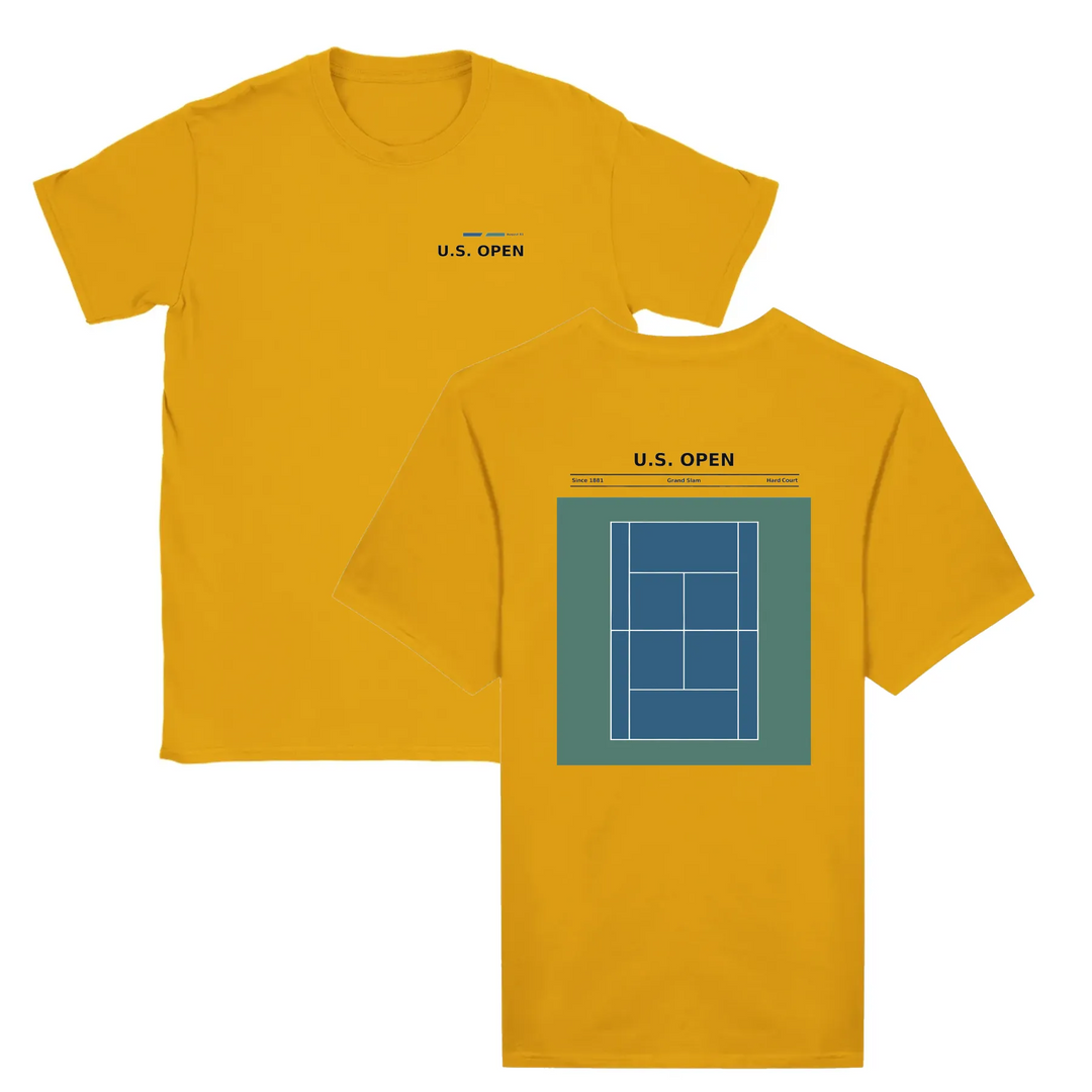 T-shirt featuring a graphic of a tennis player serving at the US Open
