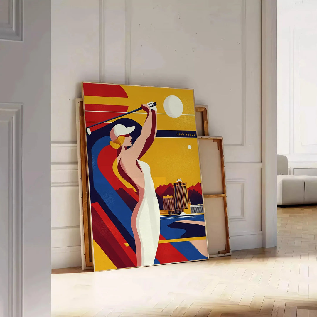 vintage Art Deco golf scene with orange and blue tones in Las Vegas