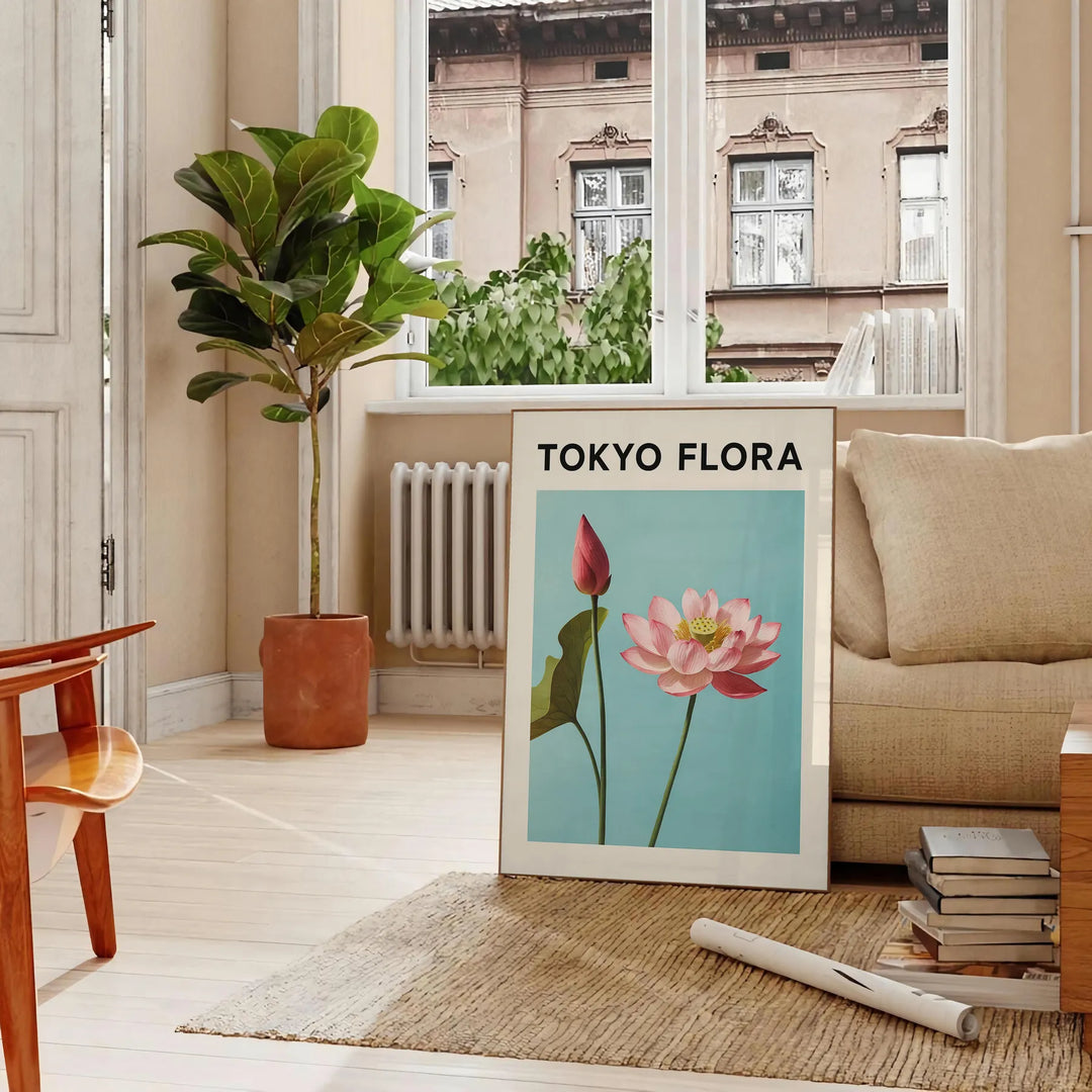 Vintage-style Tokyo flora botanical poster with green and blue tones