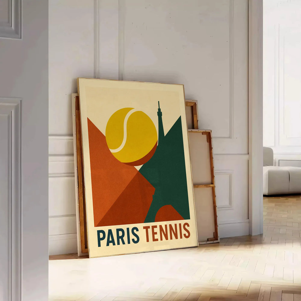Minimal poster showing Paris tennis artwork in red and green, graphic