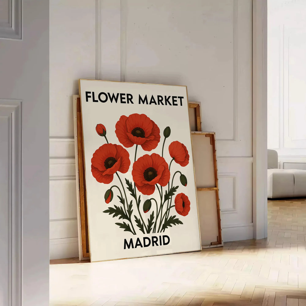 Botanical illustration of a flower market in Madrid with red and black tones