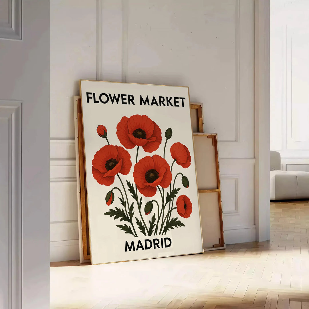 Ilustração botânica de um mercado de flores em Madrid com tons de vermelho e preto