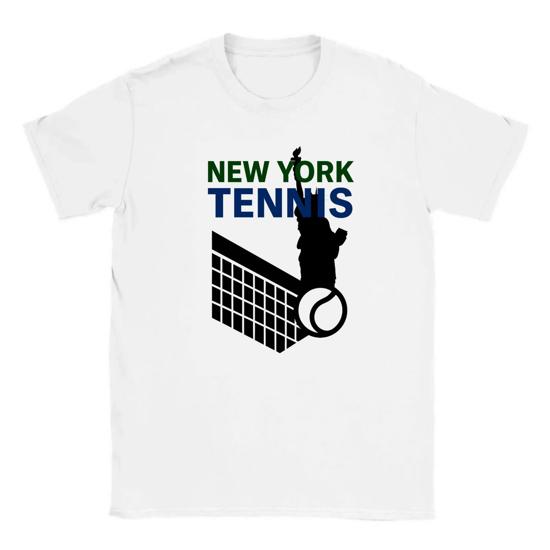 T-shirt featuring a graphic of tennis rackets and a ball with New York text