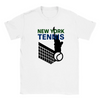 T-shirt featuring a graphic of tennis rackets and a ball with New York text