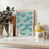 Japanese wave design in shades of blue with red and orange accents