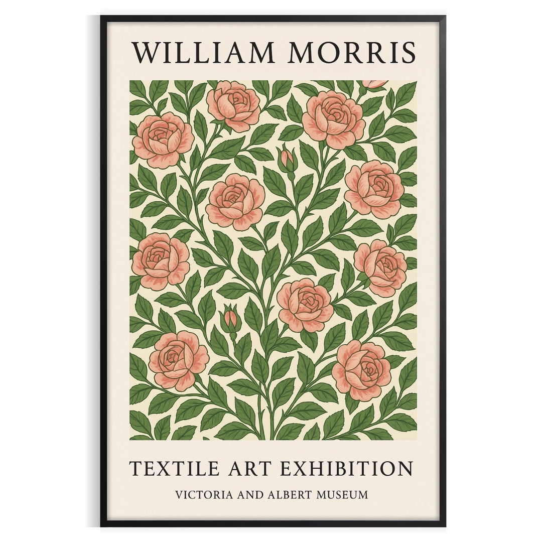 Poster showing William Morris botanical pattern in gray and orange
