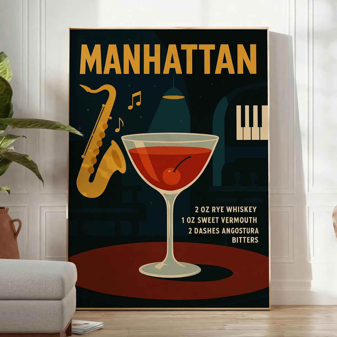 Black and gray Manhattan cocktail poster, minimalist bar illustration print