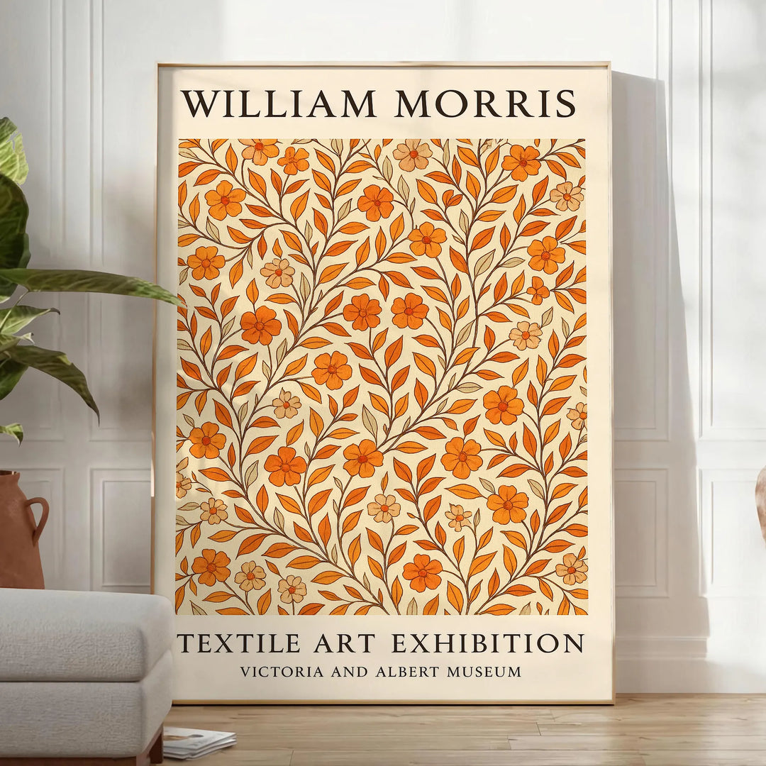 Intricate floral pattern in orange and brown by William Morris