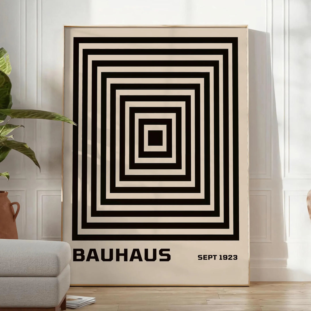 Bauhaus pyramid poster in brown, gray, and green geometric design