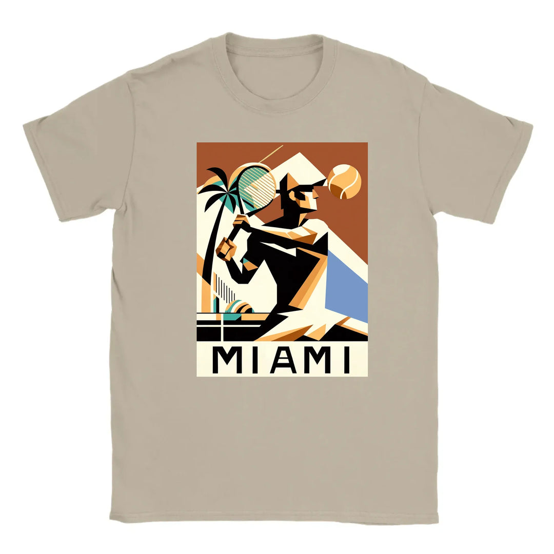 T-shirt featuring a graphic of a Miami tennis court with retro typography