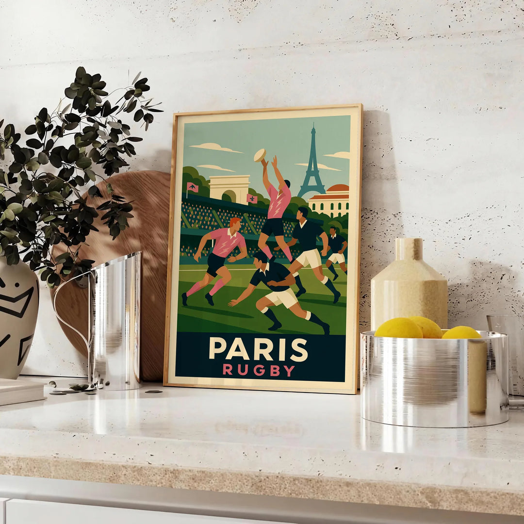 Vintage Art Deco poster of rugby scene in Paris, decorative print