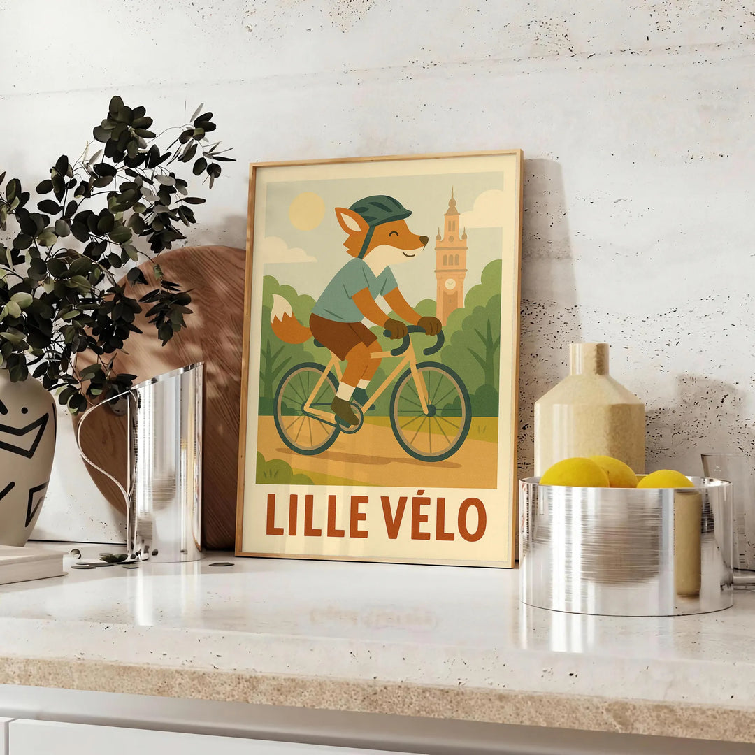 Playful orange fox riding a bicycle against a green background