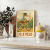 Playful orange fox riding a bicycle against a green background
