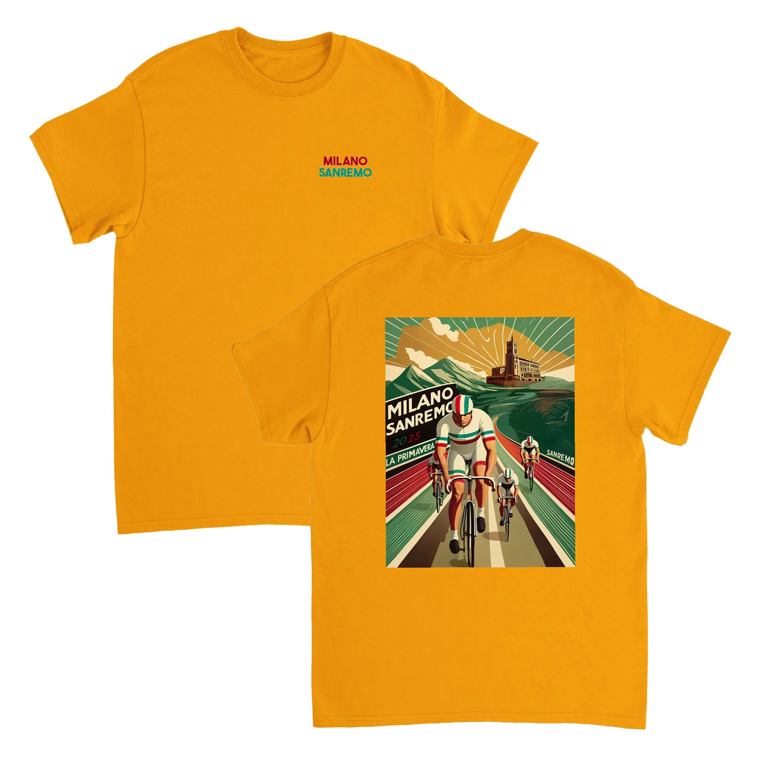 T-shirt featuring a graphic of the Milano–Sanremo cycling race