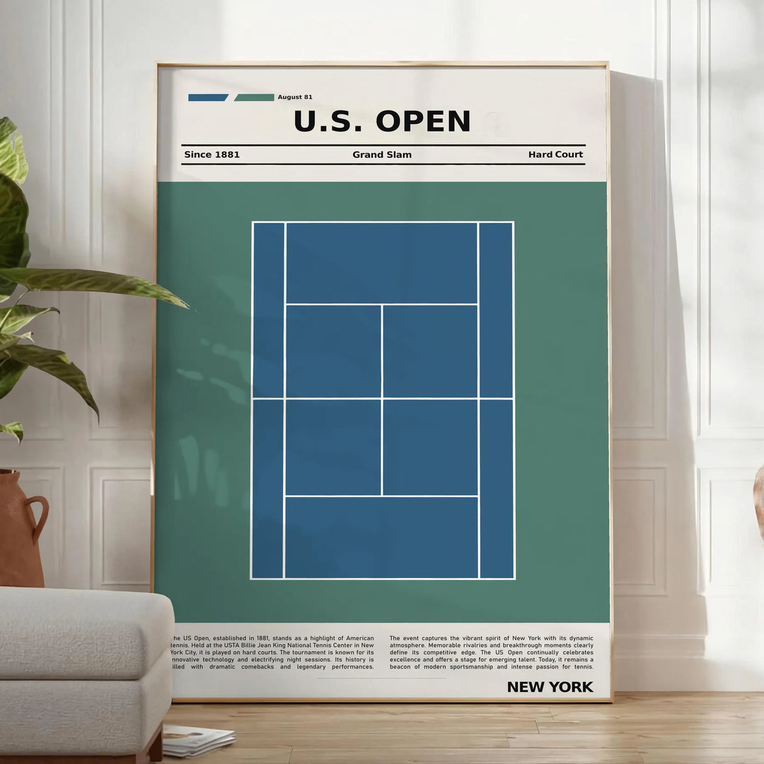 White and gray minimalist poster featuring tennis racket and court graphic