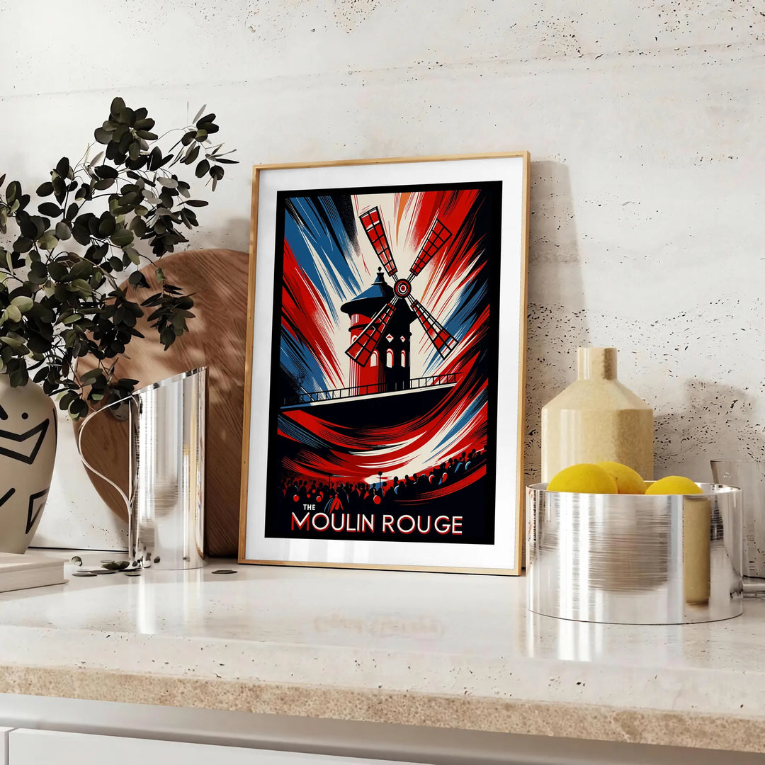 Vintage Moulin Rouge poster showing cabaret scene in red and blue