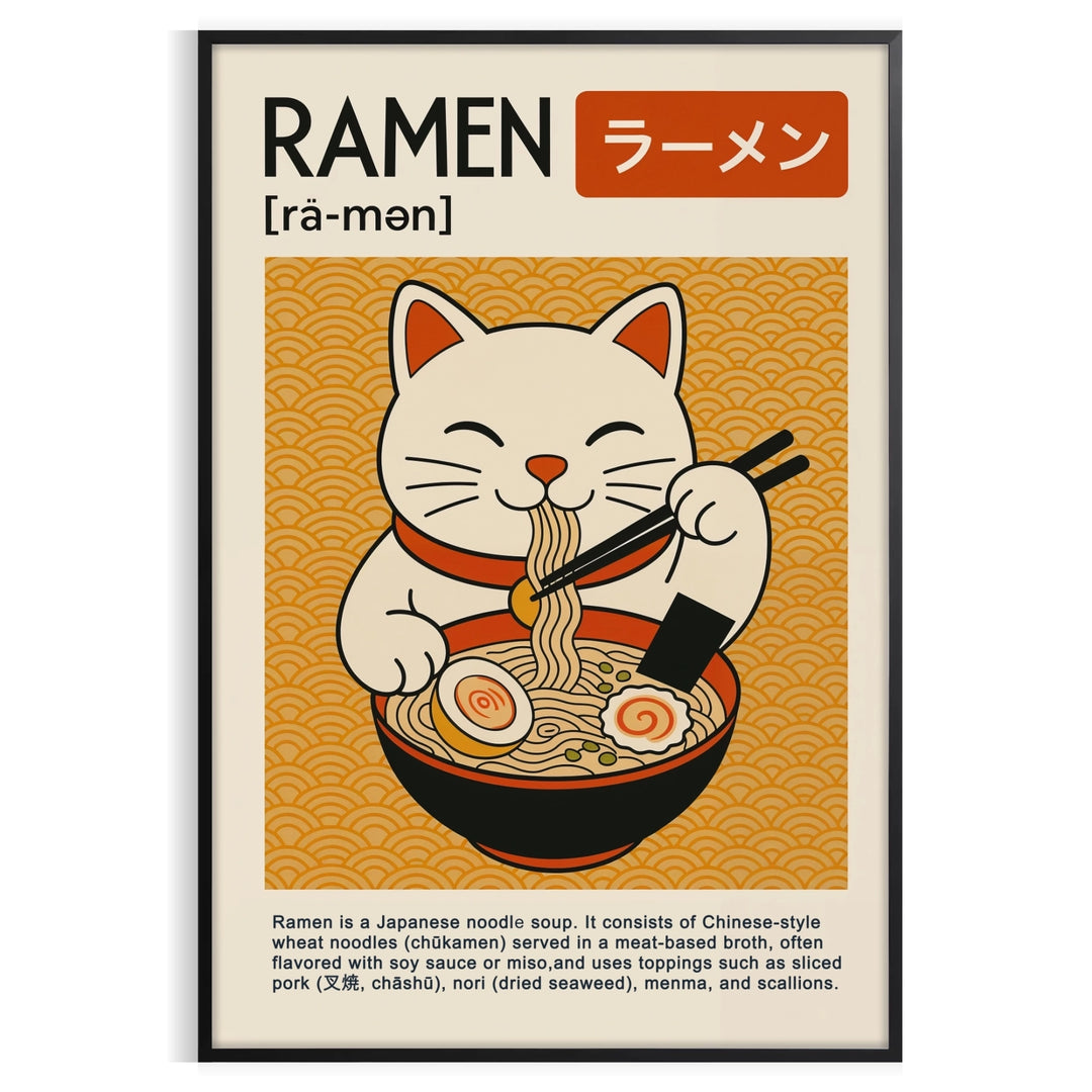 A black and red Maneki Neko surrounded by ramen elements in a graphic style