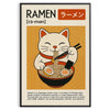 A black and red Maneki Neko surrounded by ramen elements in a graphic style