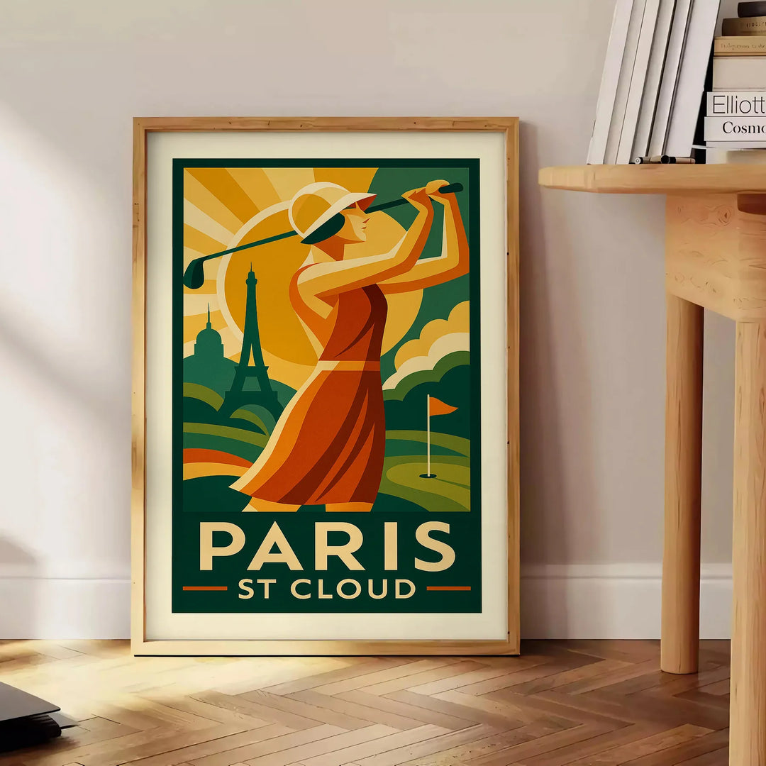 Ilustração de um campo de golfe em St. Cloud, Paris, com tons verdes e vermelhos
