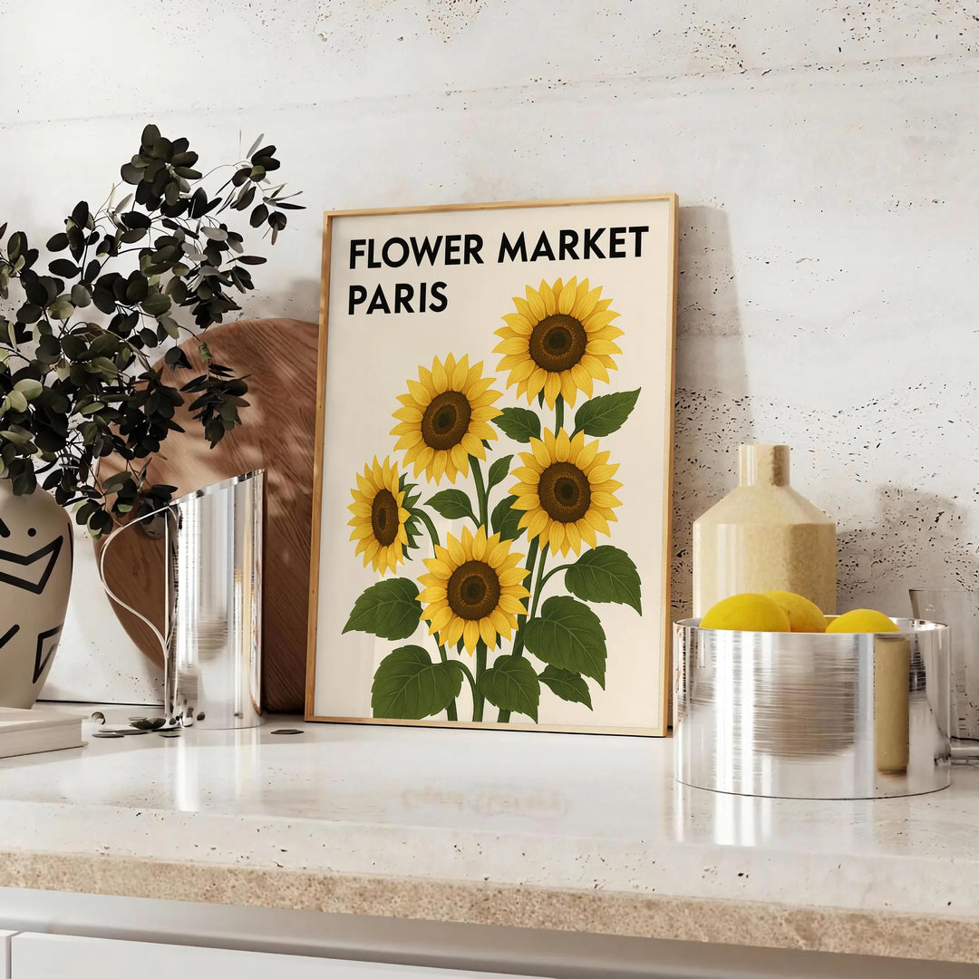 Vintage botanical Paris flower market poster in green and yellow tones