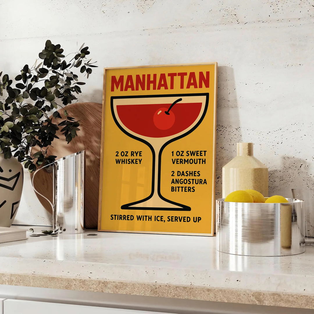 Poster showing minimalist Manhattan cocktail illustration in red and black colors