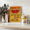 Poster showing minimalist Manhattan cocktail illustration in red and black colors