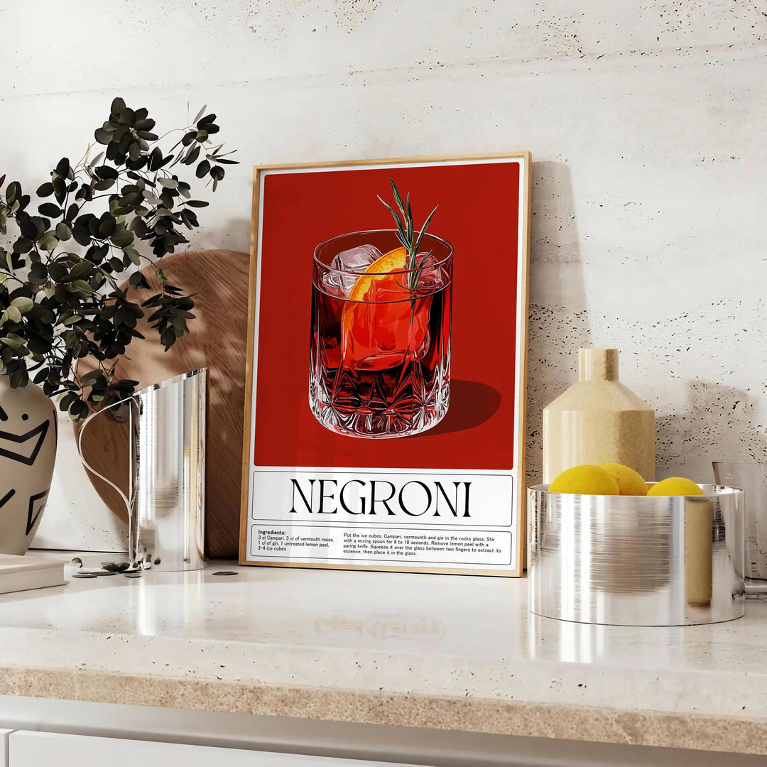 Illustration of a Negroni cocktail with orange and red splashes