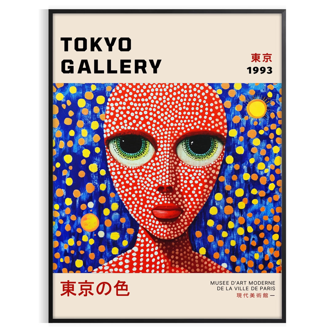 Stylized woman with polka dots in red and blue by Yayoi Kusama