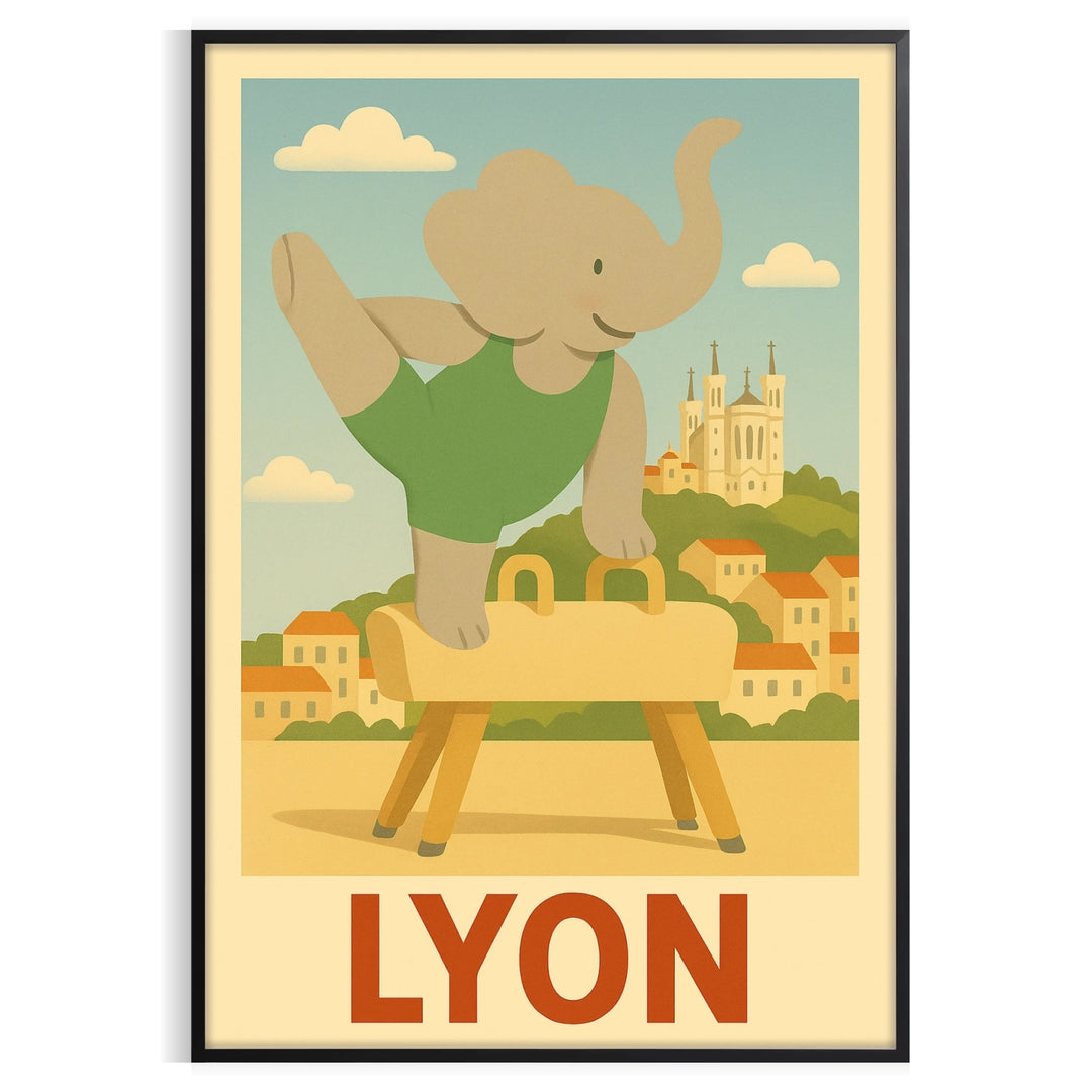 Gray and green kid poster featuring whimsical elephant doing gymnastics