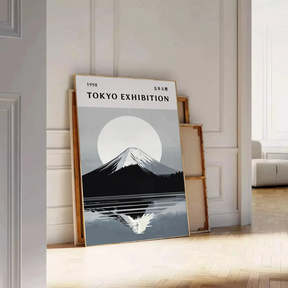 Mount Fuji poster in serene minimalist gray and blue landscape artwork