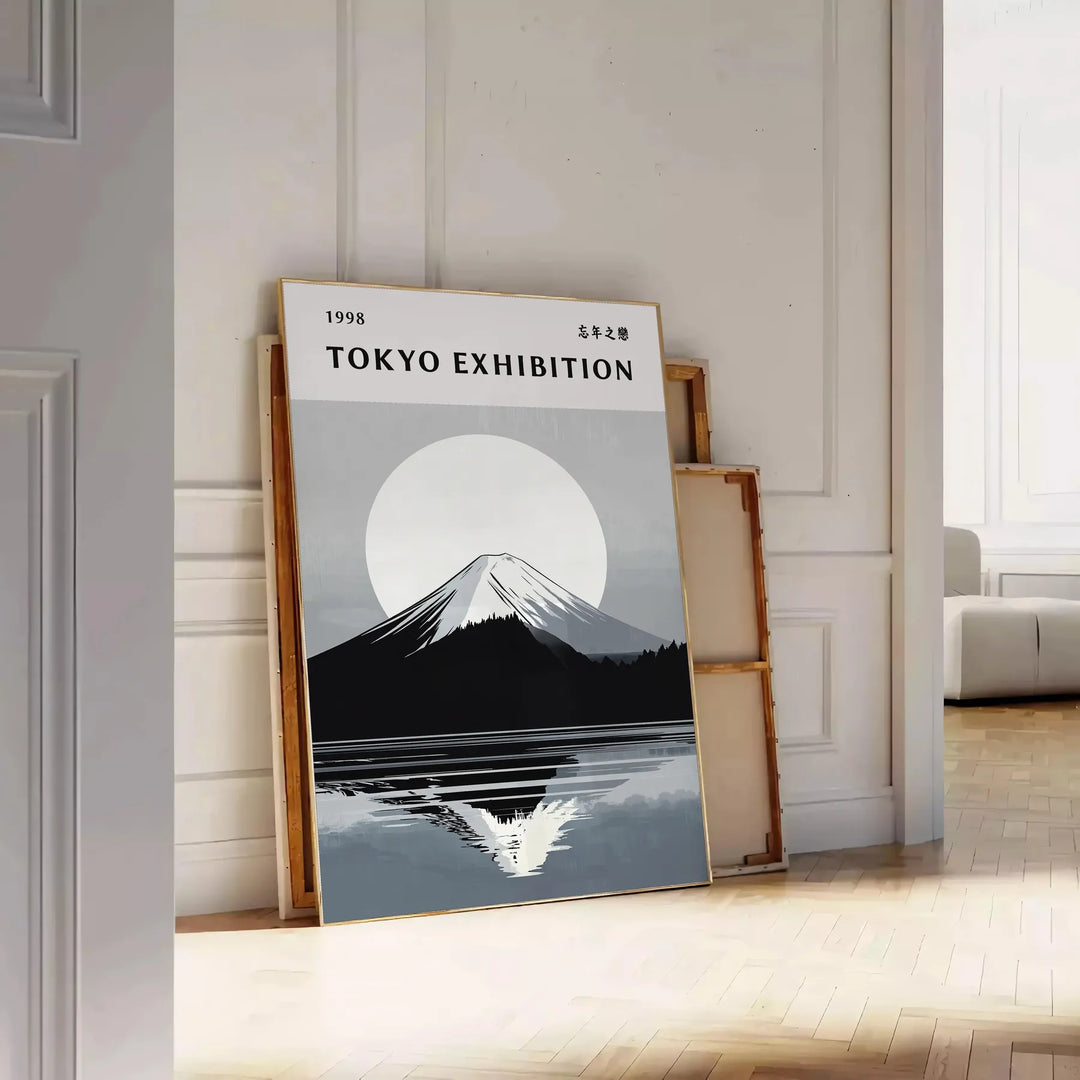 Mount Fuji poster in serene minimalist gray and blue landscape artwork